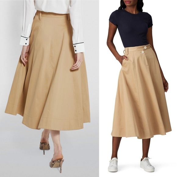 TOMMY HILFIGER Khaki Embroidered Crest Cotton Twill Pleated Chino Midi Skirt L - Picture 4 of 14